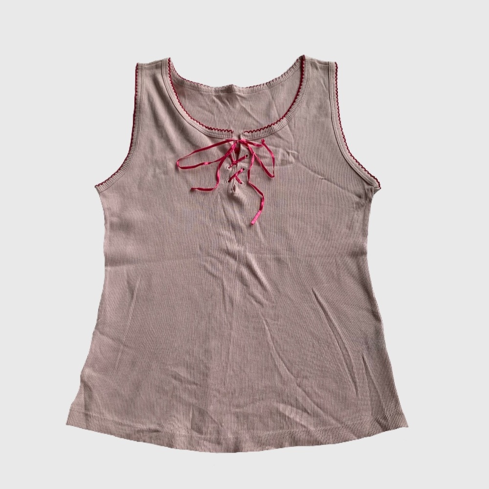 Y2K Pink Tank Top with Lace Up Ribbon Bow Size S-M
